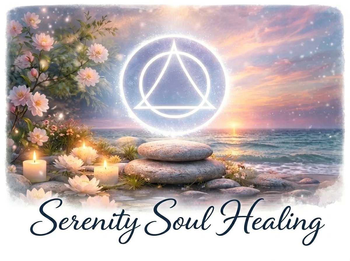 Serene spiritual healing artwork featuring glowing triangle symbol, ocean sunset, flowers, candles, and stacked stones with text Serenity Soul Healing